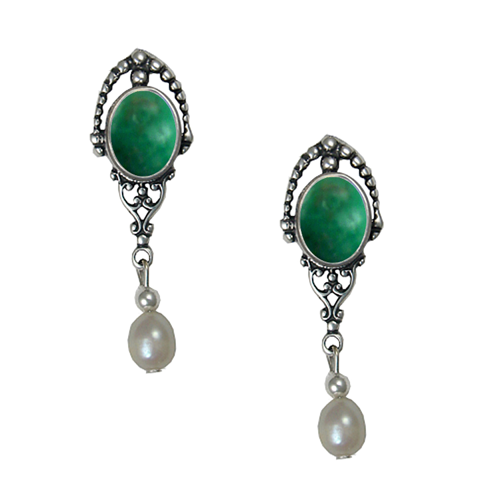 Sterling Silver Cultured Freshwater Pearl Drop Dangle Earrings With Green Turquoise